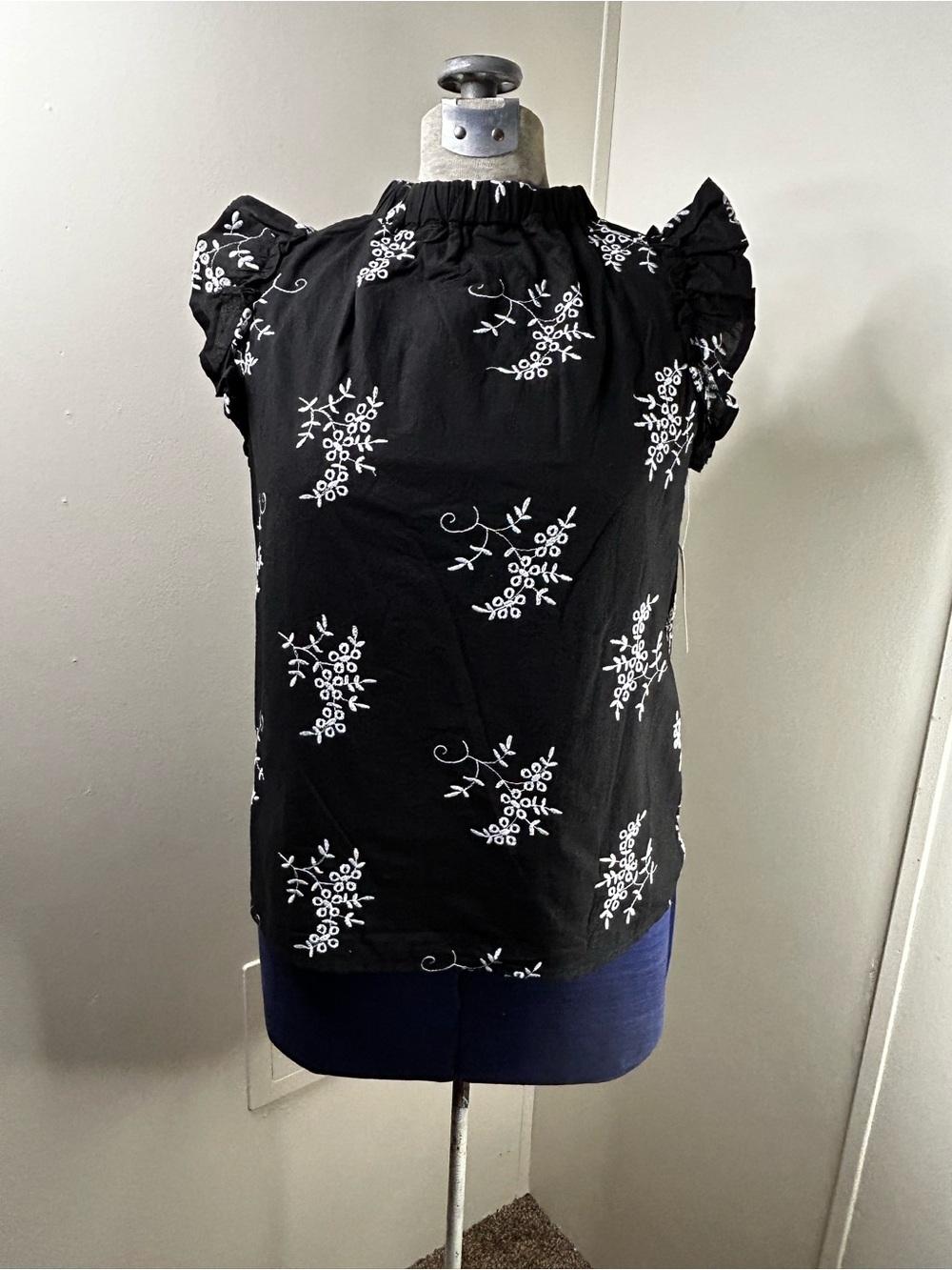 New Black Shirt with White Embroidered Flowers